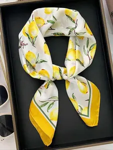1pc Women Bandana 70*70cm Fresh Fruit Print Imitation Silk Satin Small Square Scarf/Headband, New Women Lemon Pattern Elegant Beach Accessories Fashion UV Protection Versatile Scarf, Suitable For Beach, Street, Daily, Vacation, Business Etc.