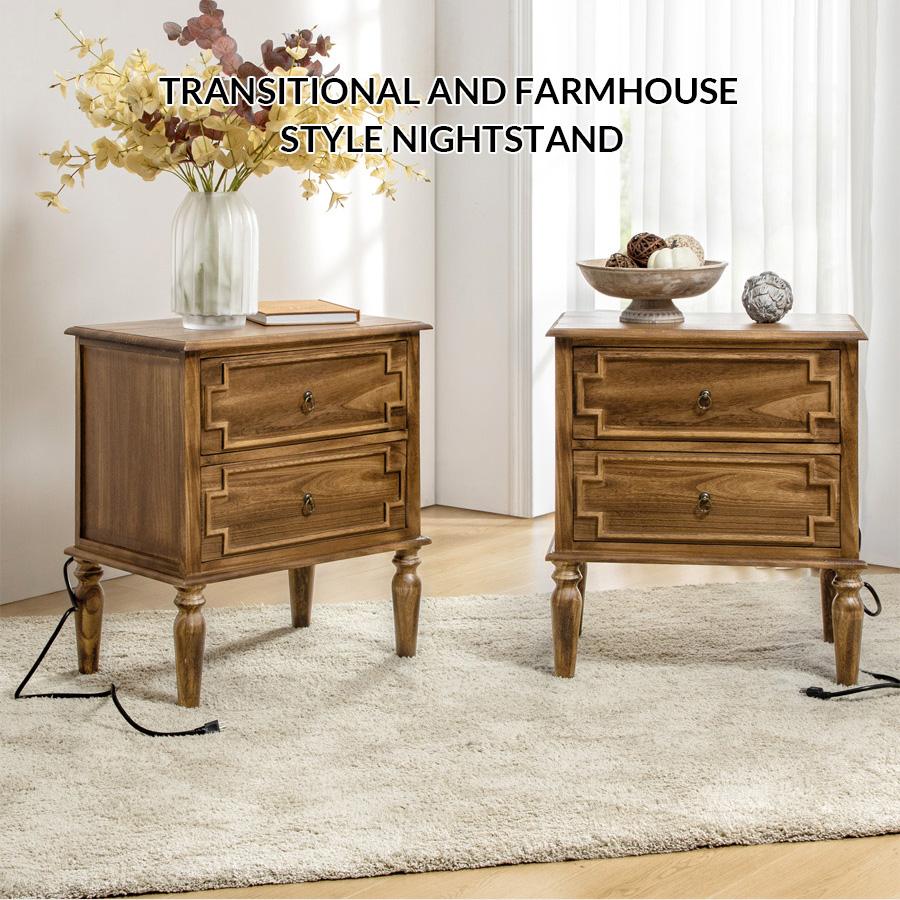 Hulala Joah 28"Tall Farmhouse 2-Drawer End Table with Built-in Charging, Farmhouse and Transitional Styles, Rustic Elegance, Convenient Charging Station, Round Ring Pulls, Spindle Legs with Cushioned Feet, Solid Wood Construction