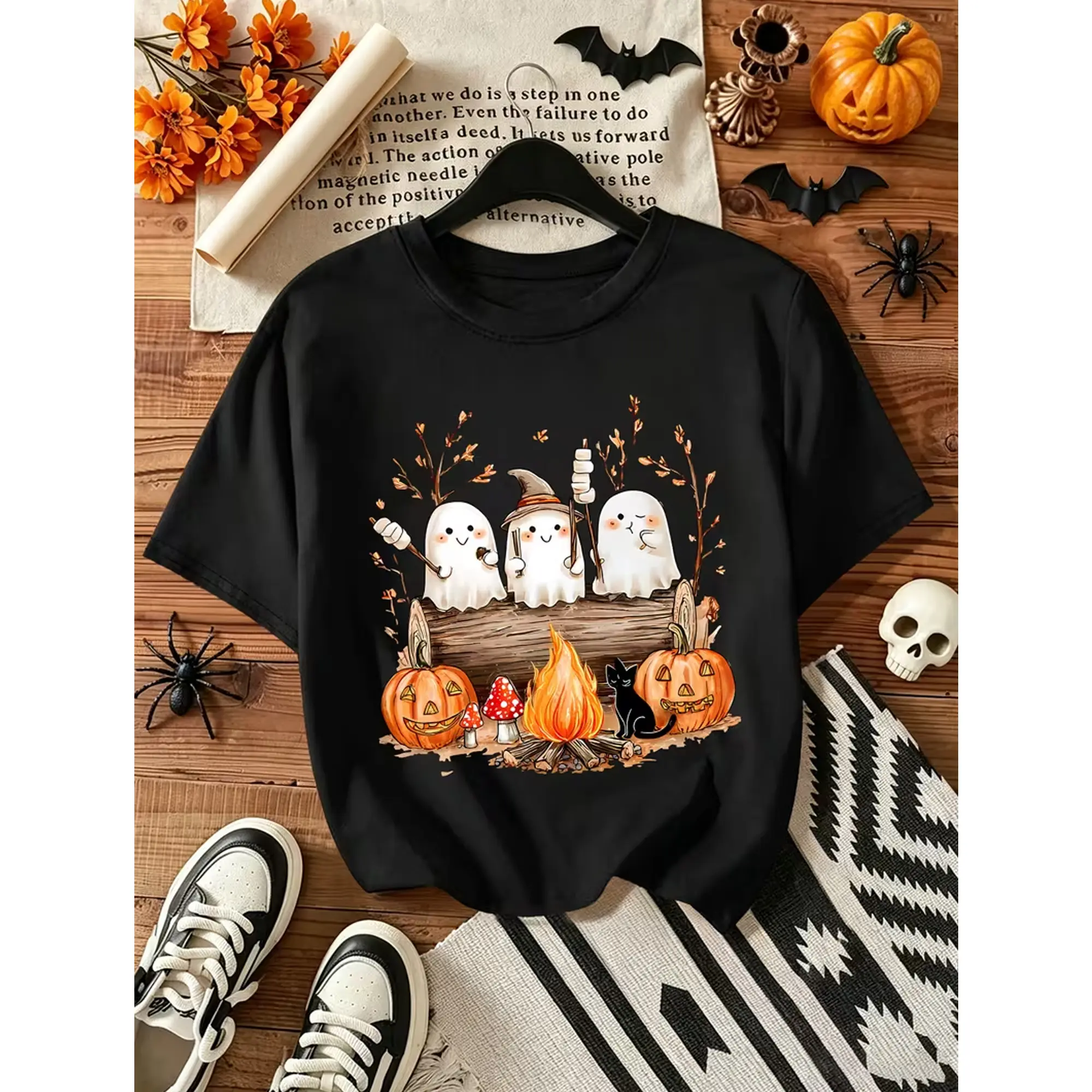 Women's Breathable Short Sleeve T-Shirt - Suitable for All Seasons Round Neck Top with Bonfire Log, Marshmallow, Black Cat & Pumpkin Print for Gym, Training, Casual Wear - Machine Washable Autumn Party Outfits women