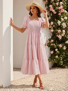 Women's Plaid Print Bubble Sleeve Square Neck Slim Fit Multi-Layer Cake Skirt Dress, Casual Boho Fashion Long Dress for Spring & Fall