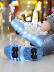 Boys Four-Wheel Roller Skates, New Wheel Sports Shoes, Adjustable Fitting PU Leather LED Light-Up Sneakers, USB Charging, All Seasons