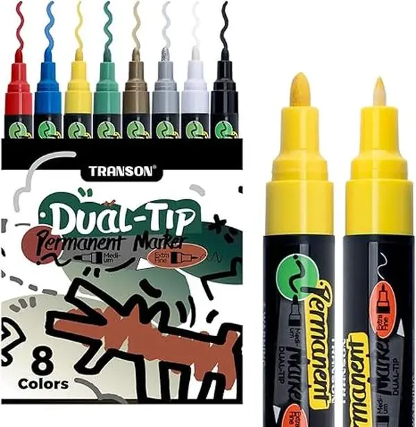 TRANSON 8-Color Dual-Tip Oil-Based Permanent Markers, Fine Tip, Quick Drying, Vibrant Colors, Waterproof Office Stationery Writing Tools