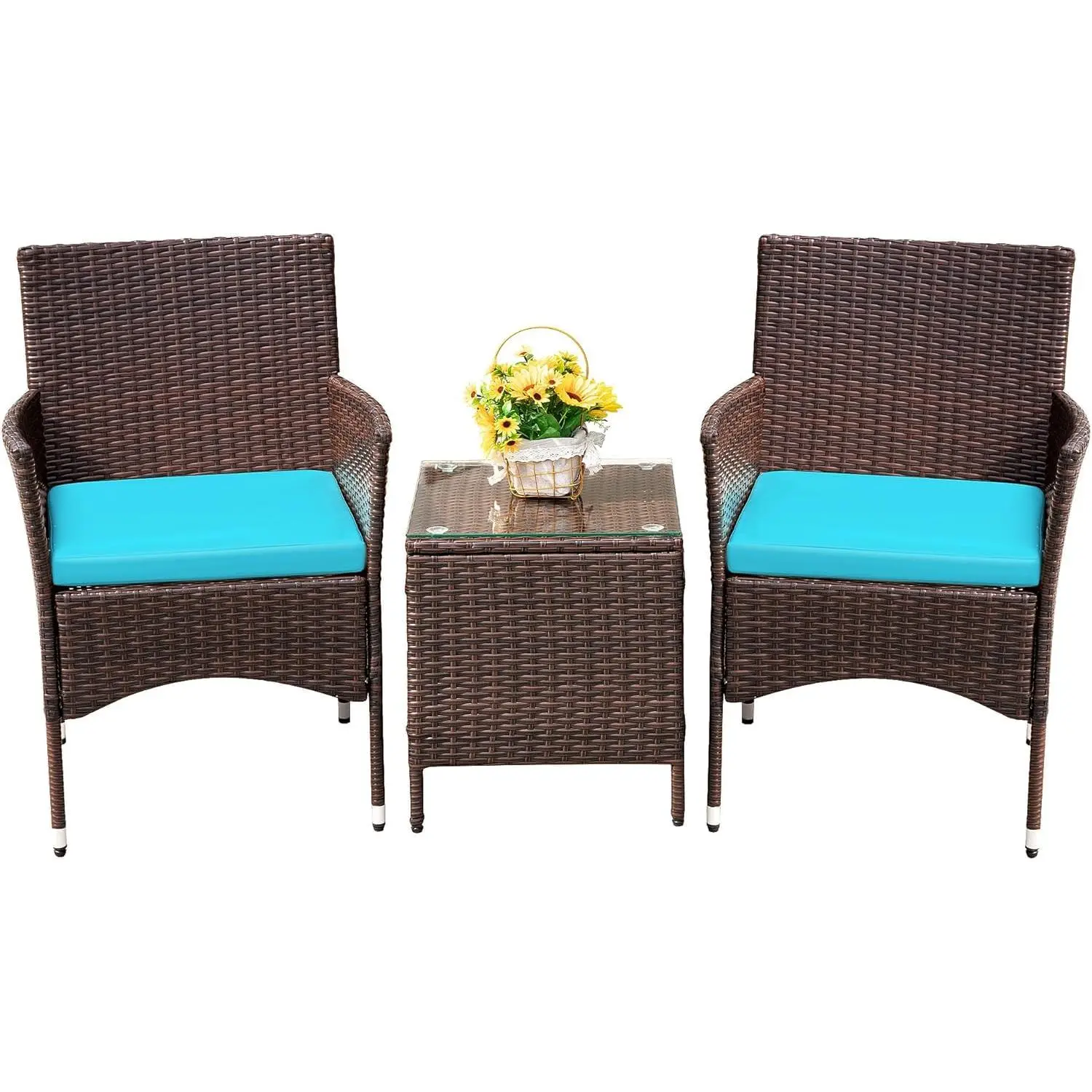 	 Brown four-line rattan + peacock blue cushion