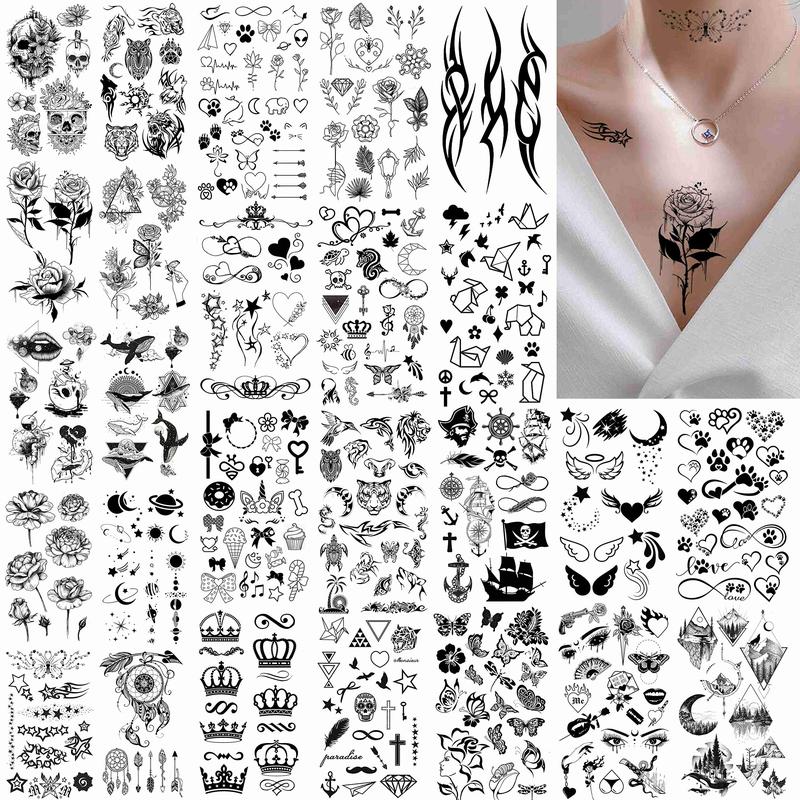 52 Sheets Creative  Black Temporary Tattoos - Assorted Designs of Crowns, Infinity, Triangles, Stars, Letters, Scorpions for Men & Women - Realistic Waterproof Adult Tattoo Stickers for Arm, Hand, Finger, Neck