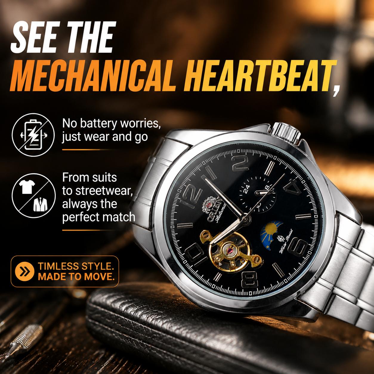 Orient Men Automatic Mechanical Watch, Open Heart Skeleton Dial, Moon Phase & 24-Hour Indicator, Stainless Steel & Leather Strap Options, Classic Business Casual Wristwatch, Luminous Numerals, Water Resistant Dress Watch for Men