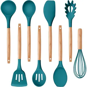 Silicone Cooking Utensils Set, 8-Piece Kitchen Cooking Utensil with Wooden Handle, Silicone Spatula for Nonstick Cookware, Heat-proof & Easy Clean, Blue