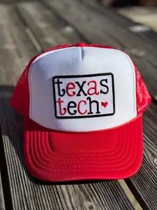 Women's Texas Tech Patch Trucker Hat - Red, White Front Panel, Red Brim, "Texas Tech" Text Design, Female