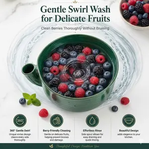 Self-Rotating Berry Cleaning Bowl, Ceramic Berry Bowl with Holes, Fruit Washing Rotator with Filter Net and Pot, Multi-Functional Hand Wash Tool