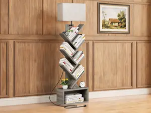 6-tier vertical bookshelf with built-in lighting, featuring a slim tower design and integrated storage cabinet. This tall floor-standing storage organizer is ideal for living rooms, bedrooms and home interiors, finished in neutral gray.