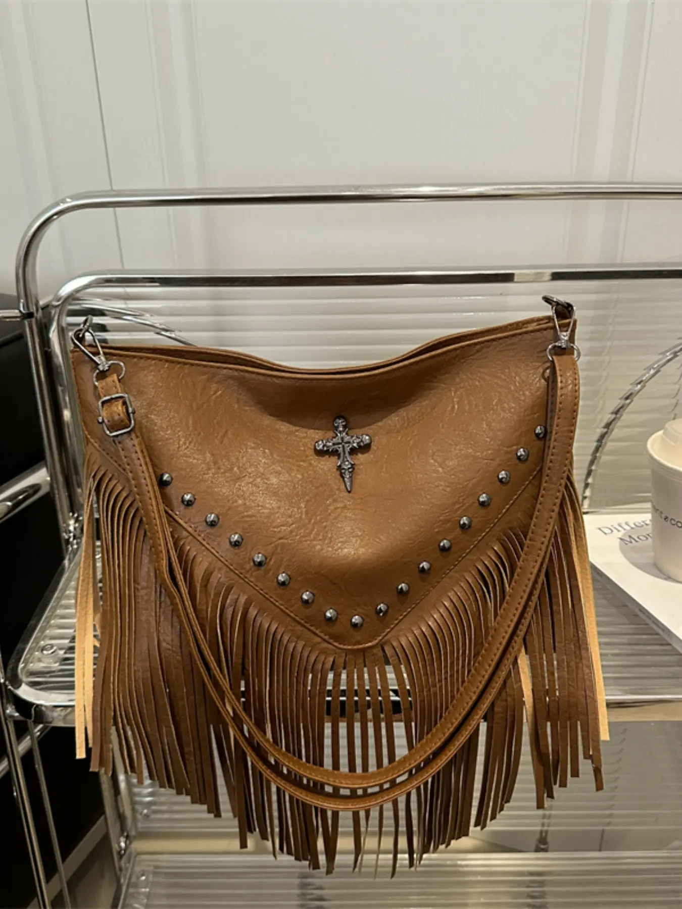 Boho Style Crossbody Shoulder Bag, Solid Color PU Material, Trendy Fringe Design, Large Capacity, Fashionable Single Strap Backpack, Crossbody Hobo Bag