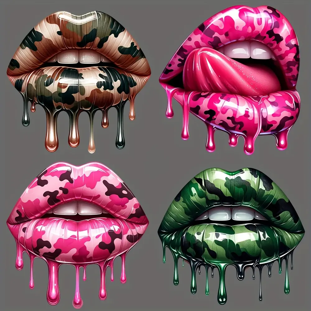 Camouflage Lip DIY Iron-On DTF Transfer, Washable Heat Sublimation Sticker, Suitable for T-Shirts, Masks, Jeans, Backpacks Plastic Patches, DIY Products, Craft Supplies