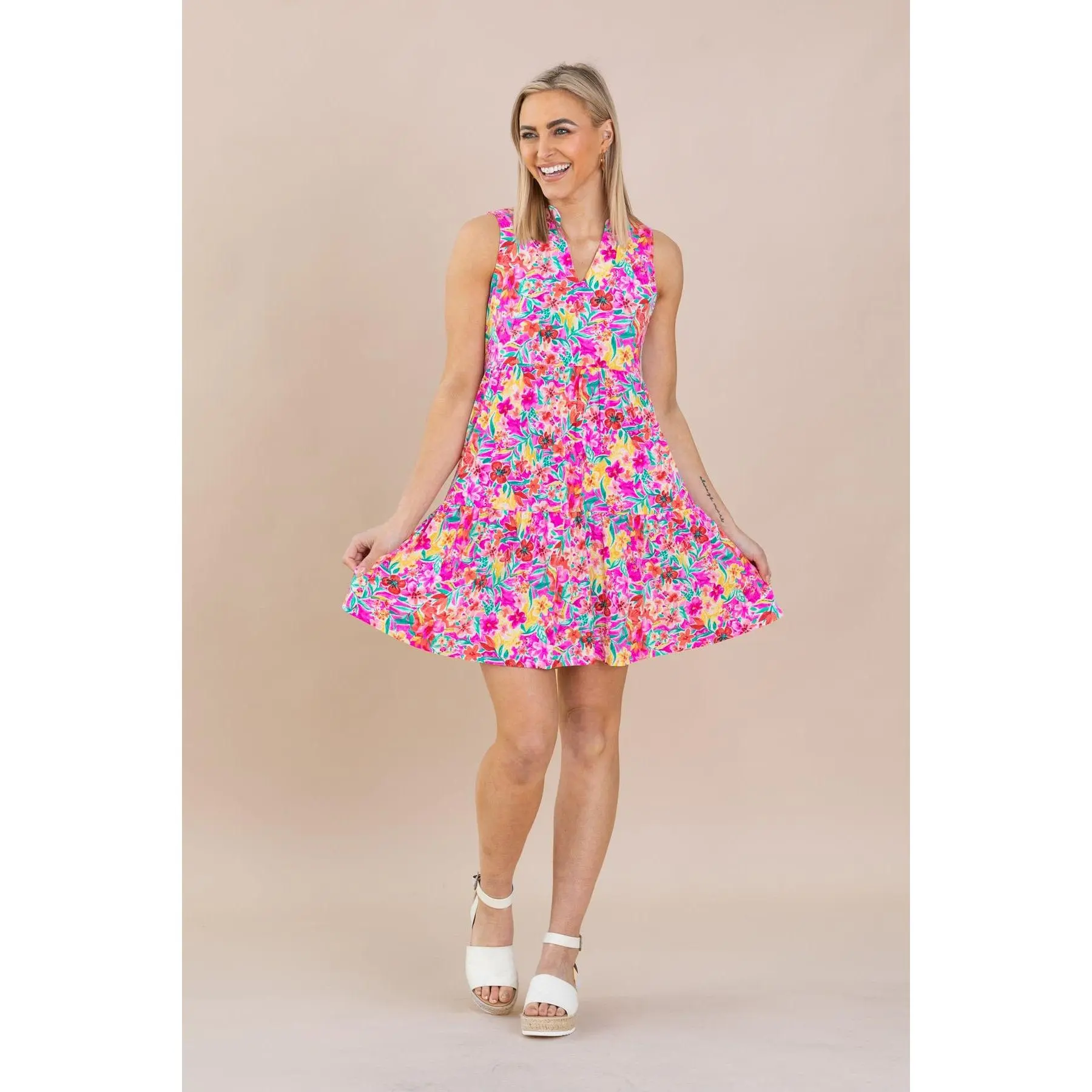 Fuchsia Floral Tiered Wrinkle Free Dress