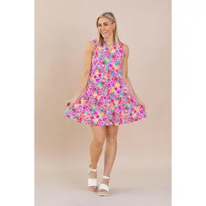 Fuchsia Floral Tiered Wrinkle Free Dress