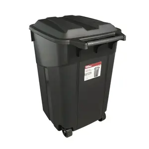 Hyper Tough 45 Gallon Wheeled Heavy Duty Plastic Garbage Can with Attached Lid Black Rugged Wheels for Outdoor Use