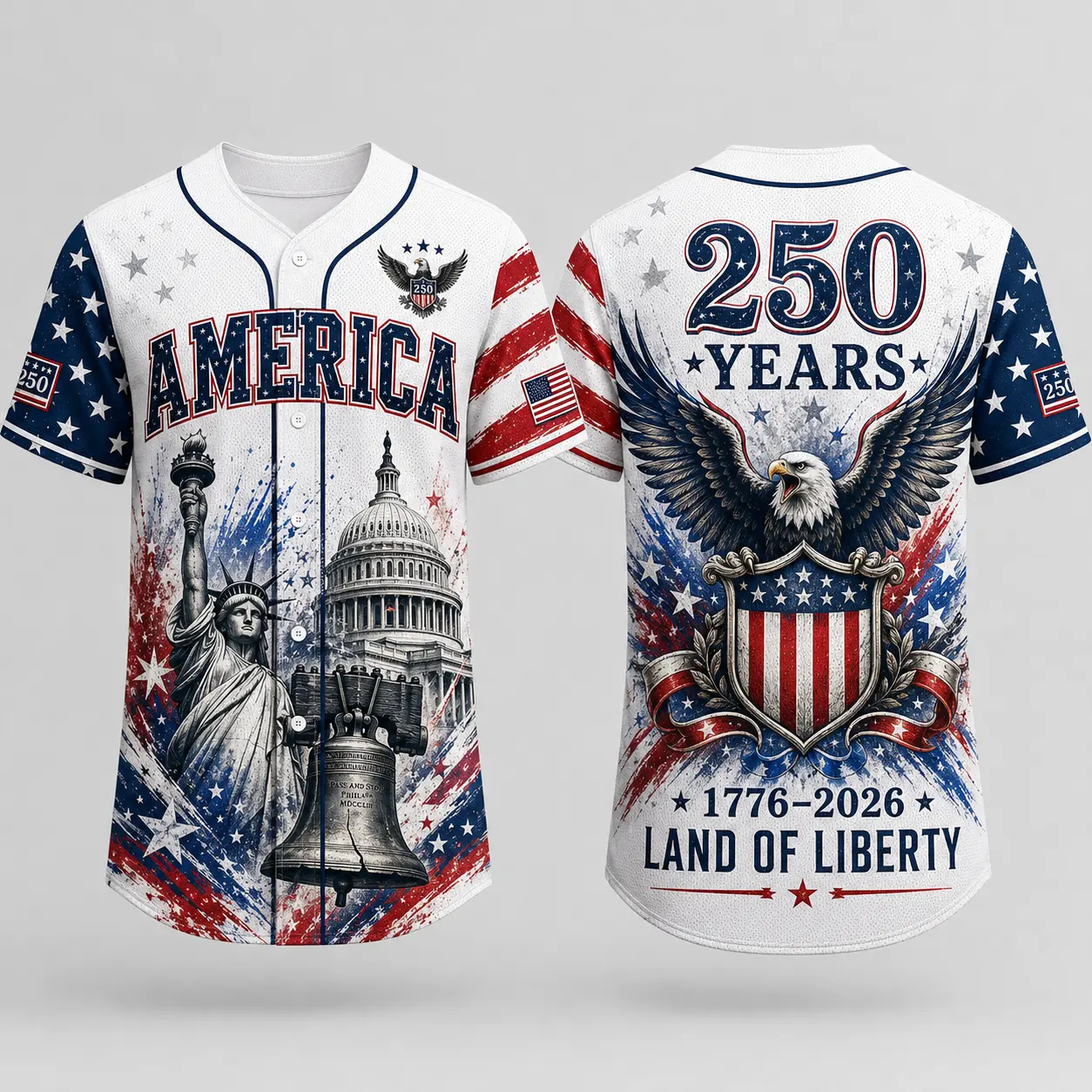 2026 USA 250 White Button Down Baseball Jersey for Men, America Liberty Graphic, Statue of Liberty Capitol Bell Front Print, Eagle Shield 250 Years Back Print, Short Sleeve Patriotic Baseball Top for July 4th Game Day summerwins