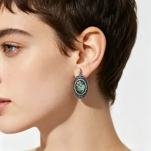 Vintage Abalone Shell Jewelry Set for Women – Retro Oval Pendant Necklace Earrings Ring Set, Luxury Silver Statement Jewelry