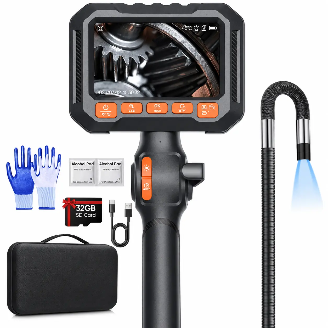 Z90 Articulating Borescope for Automotive Mechanic & Wall HVAC Inspection, 2.0MP HD Endoscope, 8 LED Lights, 210° 2-Way Rotation, IPS Screen, 32GB Storage, IP67 Waterproof, Semi-Rigid Gooseneck, Carrying Case