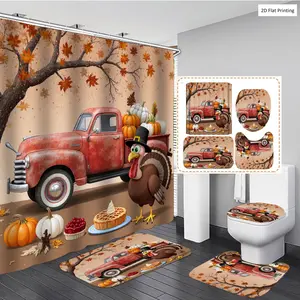 1/3/4PCS Thanksgiving Vintage Truck Turkey Pumpkins Pies Shower Curtain Set with Rugs, Non Slip Bath Mat, U-Shape Carpet, Toilet Lid Cover, Polyester Fabric Bathtub Curtain Accessories, 12 Hooks, Home Bathroom Festival Decor