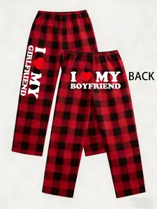 Trendy Casual Red Black Plaid Couples Pajama Pants - I Love My Girlfriend/Boyfriend Matching Loungewear for Valentine's Day, Soft Cozy Sleepwear for Him & Her, Cute Graphic PJs for Anniversary & Date Night, Comfy Plaid Bottoms for Couples Matching Sets