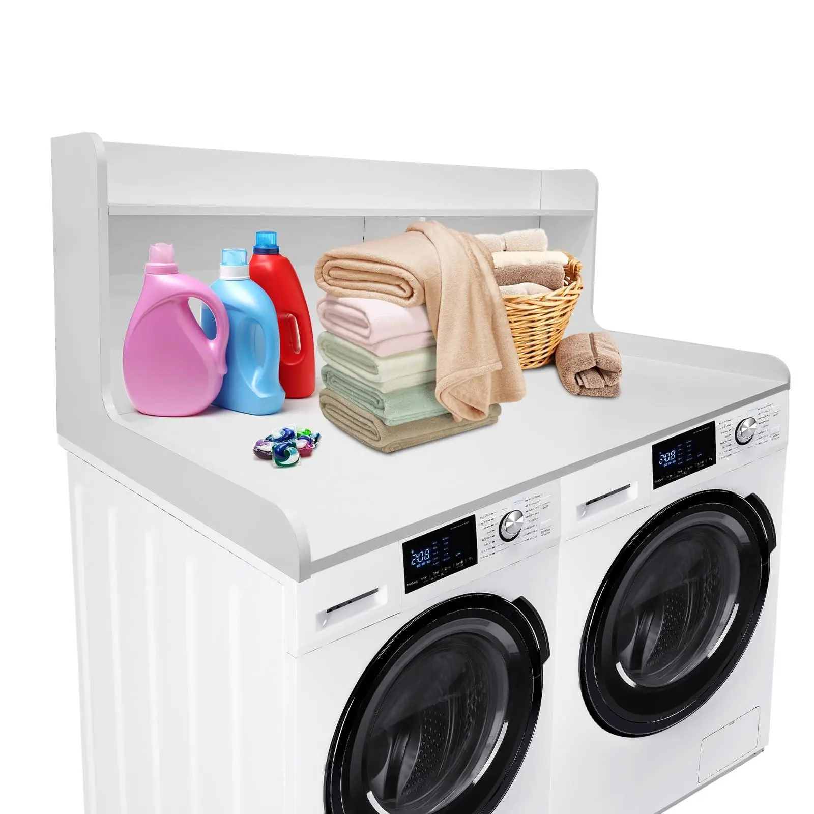Garvee 2-Tier Washer and Dryer Countertop Organizer Shelf - Traditional MDF Wood Finish, Waterproof, Non-Slip, 54in x 27.5in, Convenient Upper Shelf, Ample Storage Drying Rack for Laundry Room