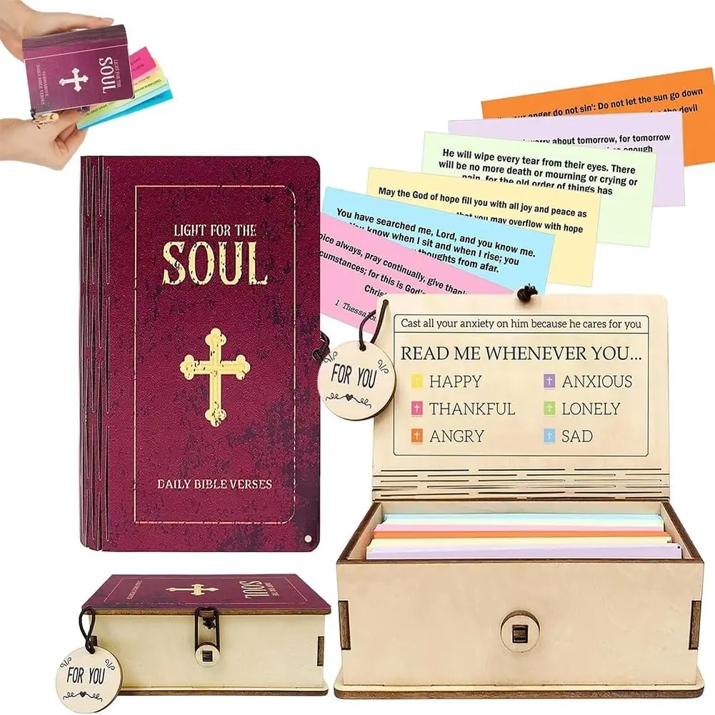 Christian Bible Verses Box, 2026 New Handmade Wooden Bible Verses Box -Daily Bible Verses, 150Pcs Bibles Verse Cards, Emotion Bibles Verse Cards in Wooden Box Handmade Prayer Boxs Gift for Women & Men