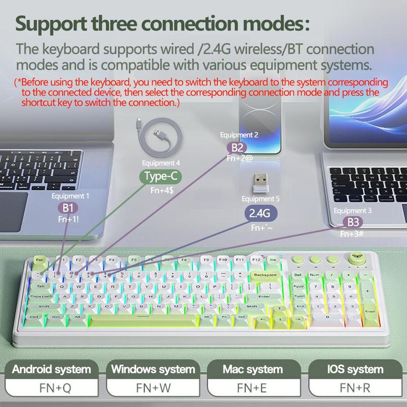 AULA F3099 three-mode, Rechargeable keyboard, 99-key layout, RGB lighting effects, color matching keycaps, ergonomic design, large-capacity battery, light-tone keys suitable for office use, multi-device compatible, plug-and-play, available for computer