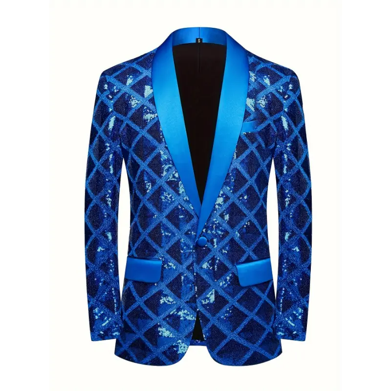 Men's Polyester Long-Sleeve Sequin Shiny Stereoscopic Pattern Formal Wear Blazer, Single-Button Prom Wedding Banquet Suit Jacket