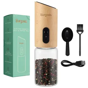 Burgosia Wooden Gravity Pepper and Salt Grinder | Real Wood Electric Refillable Spice Mill Grinder | Adjustable Coarseness One Hand Automatic Operation | USB Rechargeable with LED Charging Light