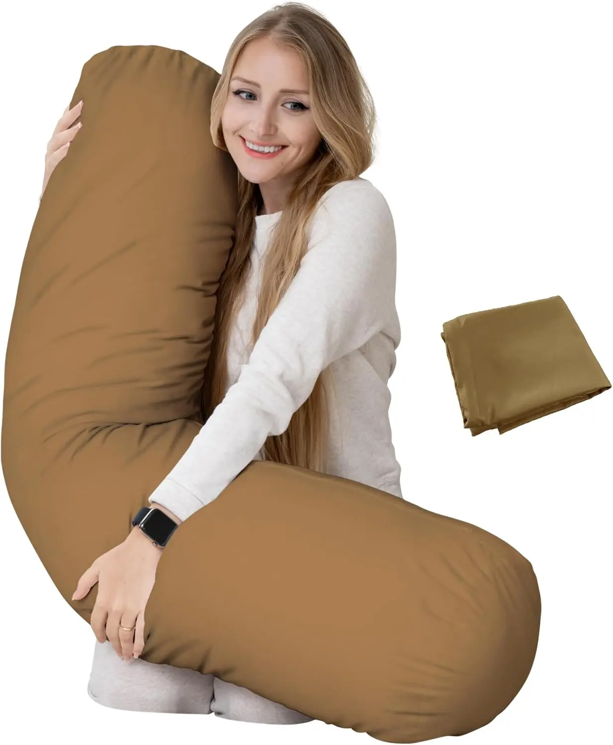 King Size Extra Long Round Body Pillow - 54x12 Bolster for Bed Extra Soft with Removable Pillowcase, Maternity Pillow - Beige