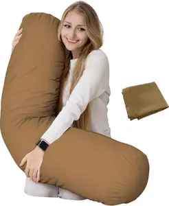 King Size Extra Long Round Body Pillow - 54x12 Bolster for Bed Extra Soft with Removable Pillowcase, Maternity Pillow - Beige
