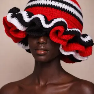 Crochet Hat with Ruffled Edges in Red, Black, and White Stripes for Women's Fashion