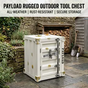 Rugged Industrial Shipping Container Style Outdoor Tool Chest, All-Weather Metal Storage Cabinet, Rust-Resistant Patio Organizer with Secure Combination Lock, steel safe