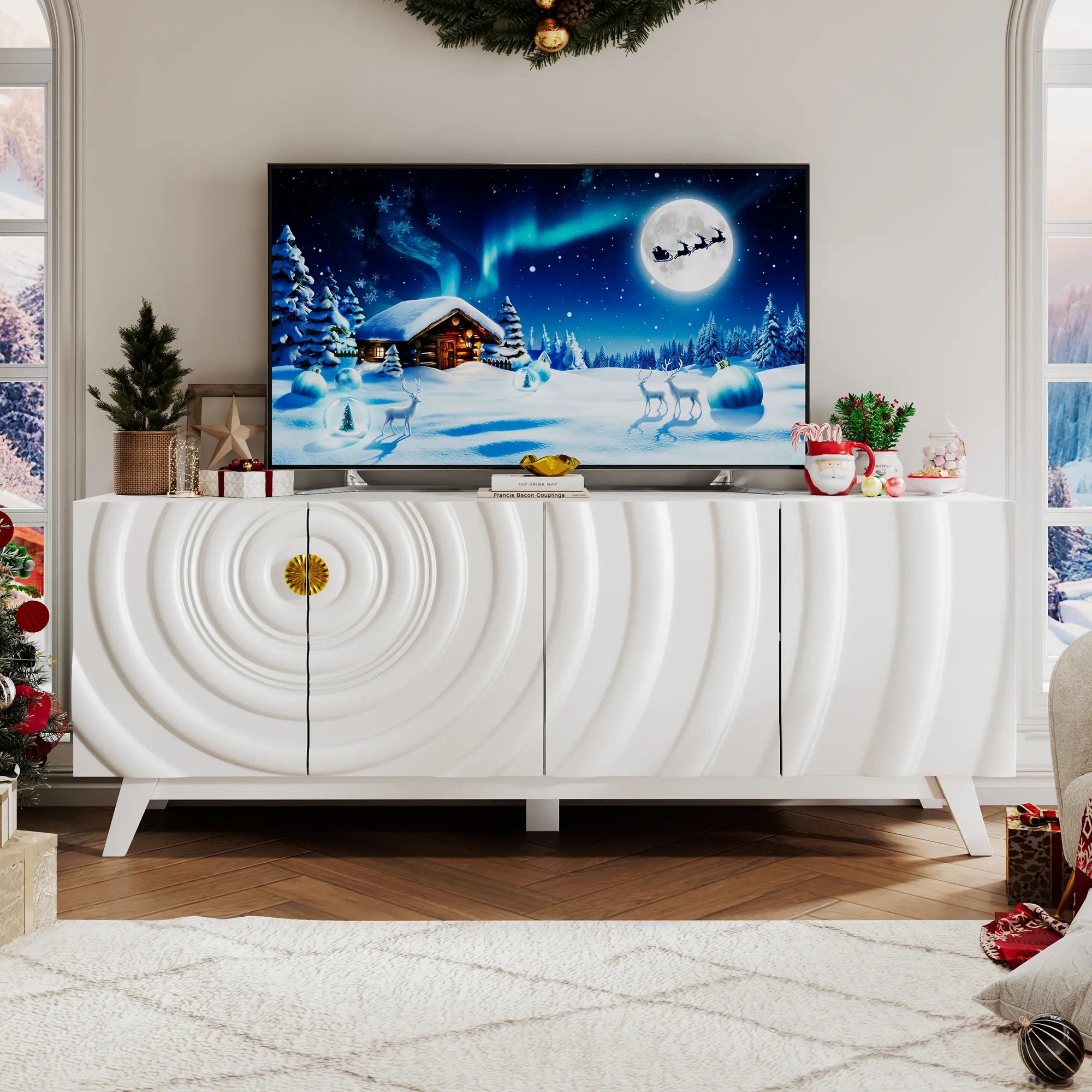 Dystler TV Stand with 2 Storage Cabinets & Adjustable Shelf, Large Wave-Patterned Entertainment Center for 55"-75" TVs, Living Room Furniture Console Table