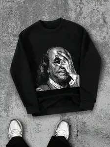 TikMen Unisex Loose Round Neck Sweatshirt, Casual Street Style, Peace Print, Inner Layering & Outer Wear, Comfortable Fall&winter, Tops