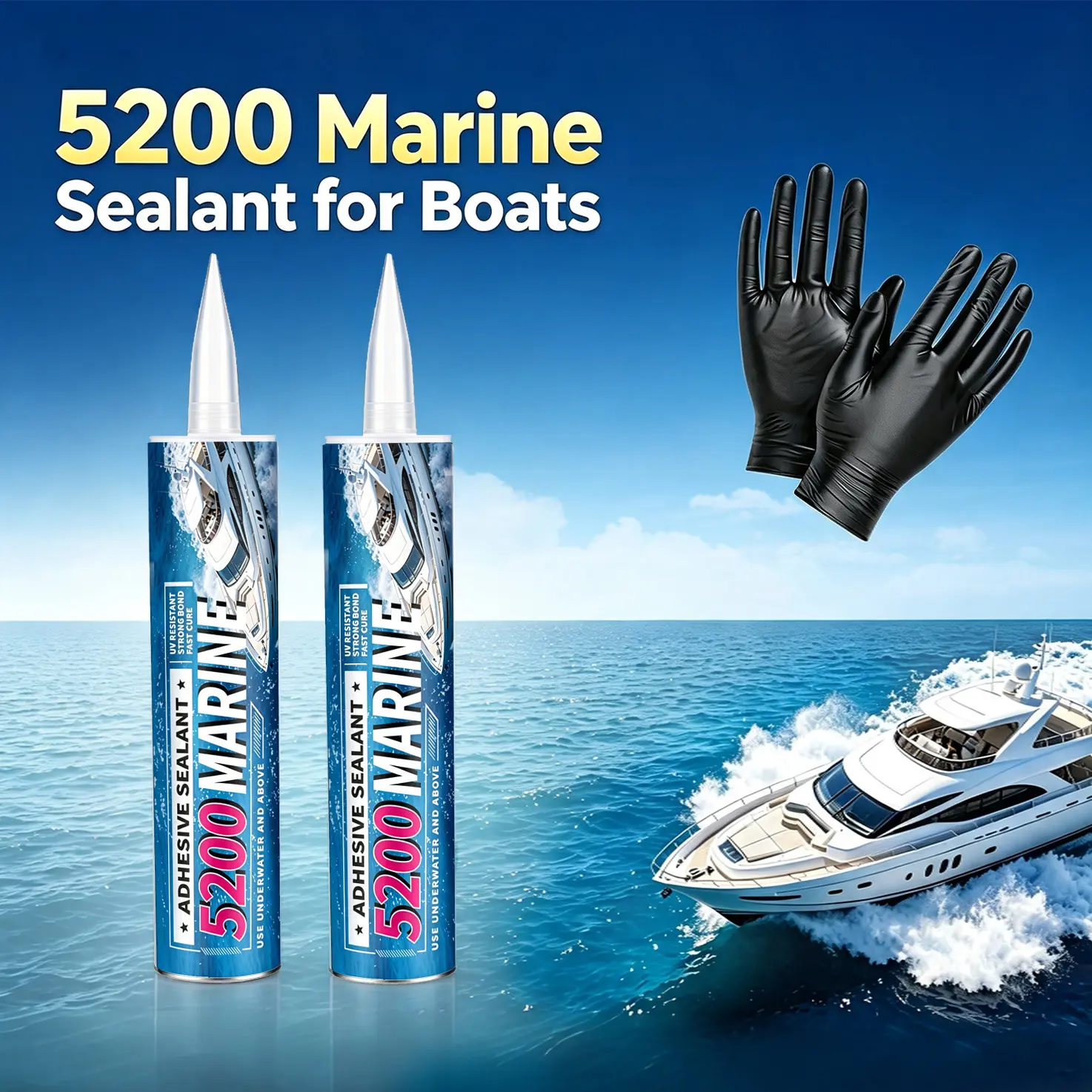 38oz White 5200 Marine Underwater Sealant, Fast Curing & High Bond Strength, UV Resistant Waterproof Adhesive Sealant for Boats, Hulls, Decks and RVs | Comes with Nozzles & Gloves, 2 Pack