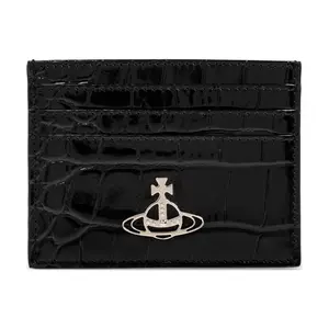 Vivienne Westwood Saturn Logo Crocodile Embossed Leather Card Holder for Women in Black