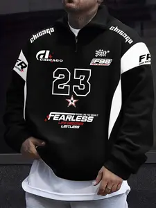 Men's Solid Color Patchwork Long Sleeve Sweatshirt, Casual Fitted Design, Digital Letter Print & Front Zipper, Fall Winter Wear