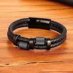 Men's Genuine Leather Braided Chain Bracelet - Stainless Steel Magnetic Buckle Punk Wristband Bangle, Fashion Accessory Gift