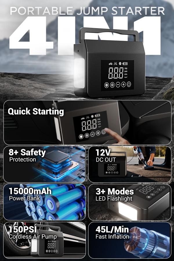 【Hieha】Winter savior Portable Car Jump Starter, 4000A Car Battery Jump Starter with 150PSI Tire Inflator, 12V Car Battery Jump Starter, 15000mAh Power Bank, with LED Light