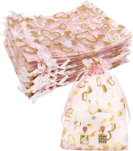 100 count  Organza  Bags 5''X7'' Sheer Heart Mesh Drawstring  Pouch for Wedding Party Favor Goodie Candy  Bag