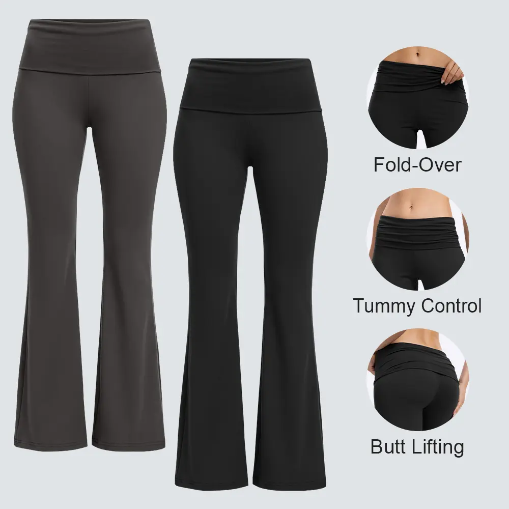 Veldtholos 2pcs Women's Basic High-Waist Fold-Over Flare Yoga Pants, Stretchy Wide-Leg Bell Bottom Trousers for Casual Lounge, Gym Wear, Pants For Women