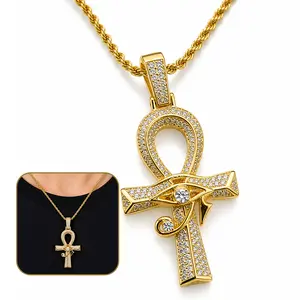 Iced Out Ankh  Pendant Necklace 14K Gold Plated Eye of Horus Egyptian  Bling 5A CZ Micro Pave Hip Hop Rope Chain for Men Women with Premium 3D Floating Display  Box engagement anniversary party   american flag  necklace