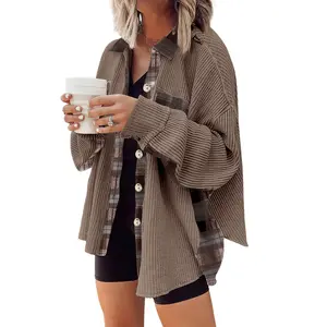 Chouyatou women's plaid patchwork waffle coat button shirt jacket loose long-sleeved top coat