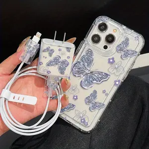 5 Piece Set Transparent Butterfly Flower Phone Case, Charger Head Cover, Cable Protector, Storage Rope, Anti-Drop Tpu Case for iPhone