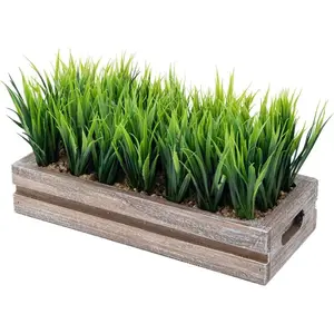 10.5 Inch Artificial Green Grass Plant in Brown Wood Planter Window Box, Tabletop Plant Container