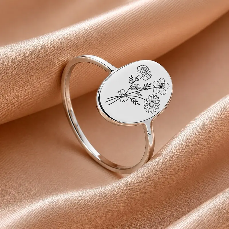 Personalized Floral Bouquet Ring •     Birth Month Flower Ring  Minimalist Custom Oval Ring