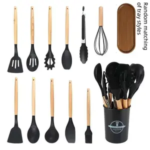 Silicone Kitchen Tool Set with Wooden Trays, 12-13 Piece Cooking Utensils, Non-Stick Cookware Accessories, Durable & Heat Resistant, Silicone Spatula Set
