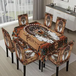 5/7-piece 2D Flat Printing Brown Background Indian Wolf Totem Printing Pattern Tablecloth and Chair Cover Set, for dining table and chair decoration, perfect for home, holiday gatherings, restaurants, and parties.