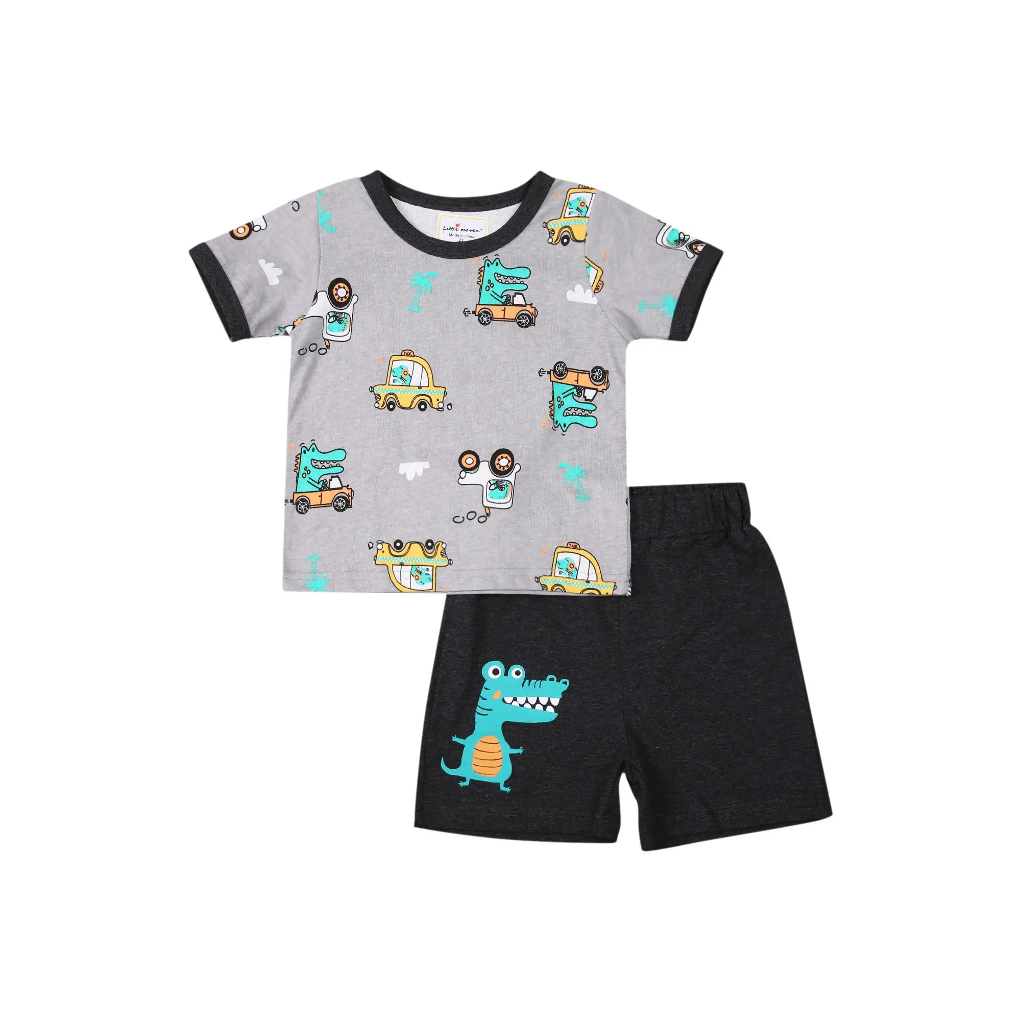 Kids Boys 2-piece Outfit Set Short Sleeve Cartoon Car Print Tops+Shorts Set for Children Boys