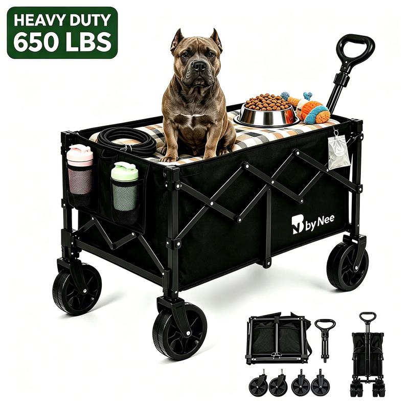 BN BY NEE Heavy Duty Folding Trolley Cart - Carbon Steel Frame Collapsible Beach Wagon with 300L/450L/650L Capacities, 7-Inch All Terrain Wheels, Reinforced Adjustable Handle, Oxford Material, Portable for Beach Trips, Camping, Black